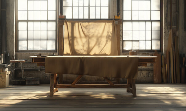 Large wooden workbench with a simple brown cloth and tools for DIY craftsmanship