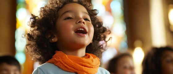 Child singing joyfully in school during music class with friends, celebrating creativity and teamwork in a vibrant classroom environment.