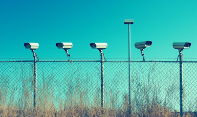 Obraz premium Cutting-edge security fence equipped with advanced surveillance cameras, ensuring robust protection and innovative safety solutions