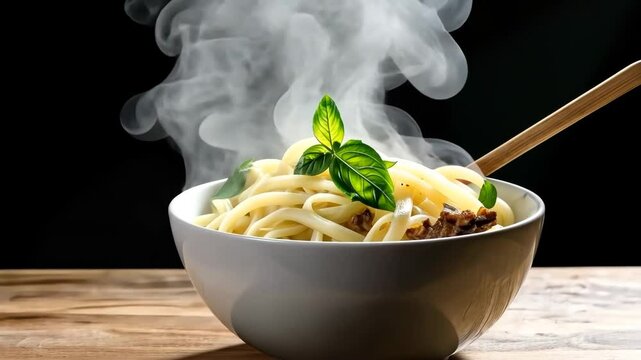 Steaming pasta bowl with fresh basil on dark background