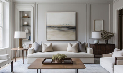 Modern light-gray wall adorned with captivating abstract art, delivering a refined, artistic atmosphere for interiors
