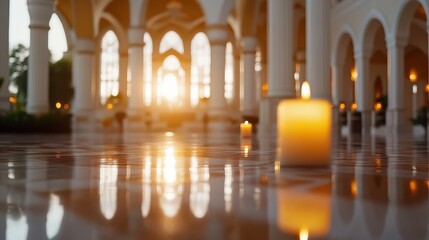 Fototapeta premium Serene Candlelit Interior with Graceful Arches and Soft Sunset Glow