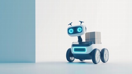 Obraz premium Robotic Delivery Companion: This image showcases a friendly, autonomous delivery robot navigating a modern, minimalist space, carrying a package