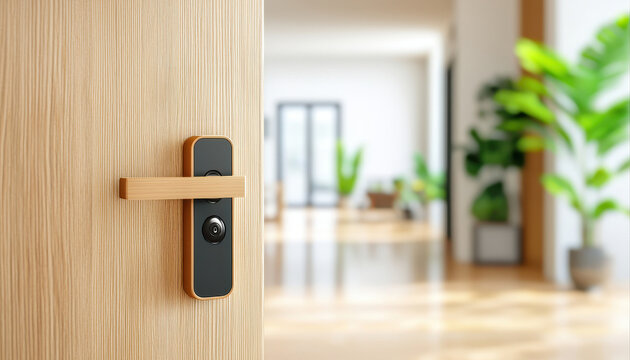 Smart home security with smart locks on house door. A modern door handle opens to a bright, plant-filled interior space, showcasing a blend of natural elements and contemporary design.