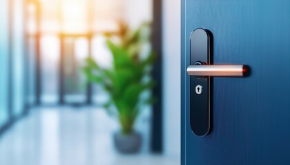 Smart home security with smart locks on house door. Close-up of a modern door handle with a blurred interior and a plant in the background, suggesting a contemporary space.