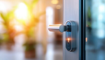 Smart home security with smart locks on house door. A close-up of a modern door handle with a blurred background of greenery, suggesting warmth and inviting atmosphere.
