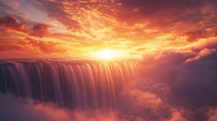 A surreal sky waterfall set against a vivid sunset.