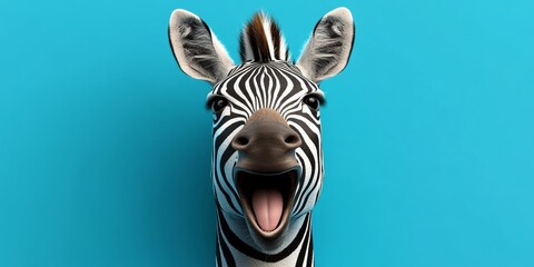 Obraz premium Zebra is smiling and has its tongue out. The blue background adds a sense of calmness and serenity to the image
