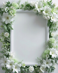 Soft Green and White Flowers in a Botanical Frame Surrounding White Tray for a Soft and Harmonious Home Arrangement for Copyspace and Text Background