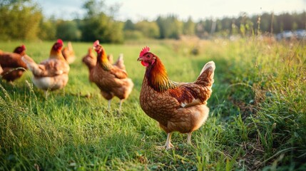 Farm chickens foraging in a grassy field during golden hour near a peaceful countryside landscape. Generative AI