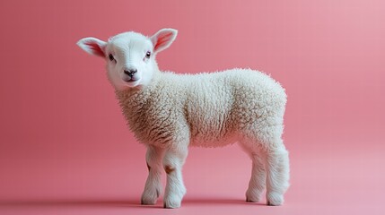Fototapeta premium Adorable Lamb in Pink: A fluffy, pure white lamb stands gracefully against a soft pink background, its innocent eyes captivating the viewer, embodying purity and innocence. 