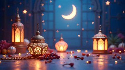 Festive Ramadan Scene with Dates, Prayer Beads, and Crescent Moon Centerpiece