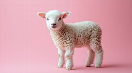Fototapeta premium Fluffy Lamb on Pink: A fluffy, adorable lamb with soft, woolly coat gazes directly at the viewer against a vibrant, pink backdrop. Capturing the innocence and purity of the animal