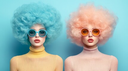 Two women with blue and pink hair and glasses stand next to each other. They are wearing yellow and pink sweaters