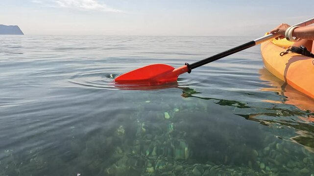 Kayak Paddle Water - Close-up of a red kayak paddle dipping into the water on a sunny day. The paddle is being used to propel the kayak forward. The water is clear and blue, and there are small fish