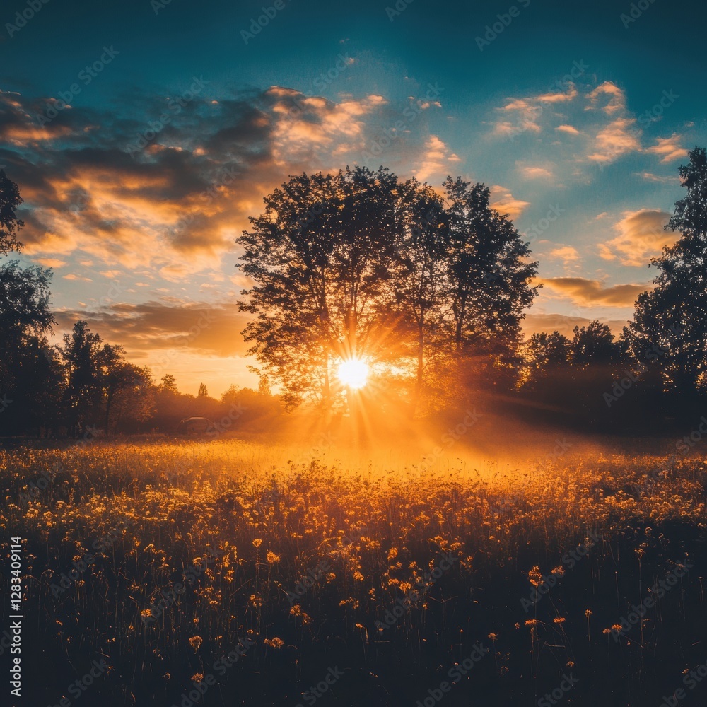 Poster golden sunlight breaks through trees over a blooming field at sunset in a serene natural landscape. 