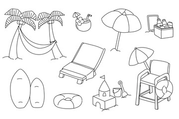 set of summer season hand drawn illustrations, doodle line art vector for beach vacations
