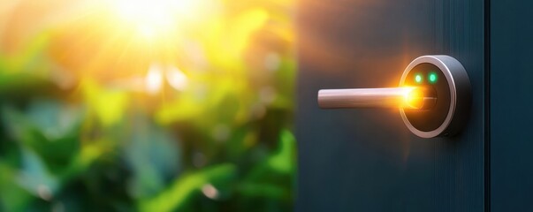 Smart home security with smart locks on house door. A close-up of a door lock with sunlight reflecting off it, surrounded by lush greenery, evoking a sense of security and nature.