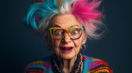 Woman with colorful hair and glasses is smiling and looking at the camera. The image has a fun and lighthearted mood, as the woman's appearance is intentionally exaggerated and playful