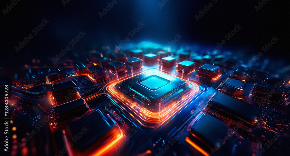 Leinwandbilder Futuristic glowing circuit board with vibrant blue and orange lights.  A high-tech abstract design showcasing electronic components and intricate pathways. Modern technology concept.