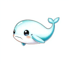 Fototapeta premium Hand-drawn sketch of a cute, minimalist chibi-style 3D baby whale with a smooth, glossy body and large, adorable eyes floating in a pastel ocean. Rich deep teal, luxurious and vibrant colors