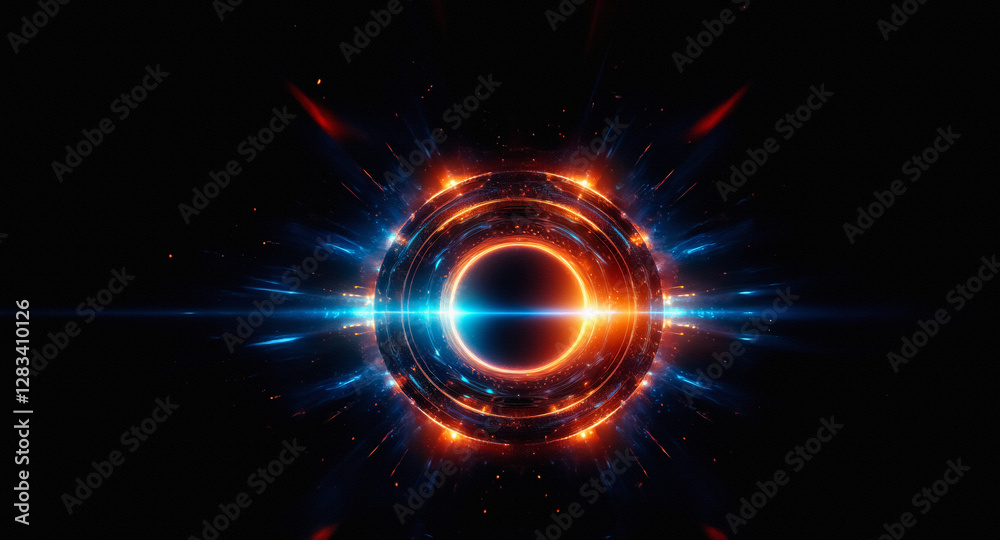 Aufkleber Abstract circular design with vibrant orange and blue glowing lights against a dark backdrop. Energetic and futuristic look with radial light burst effect.
