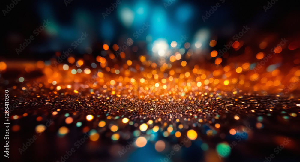 Fototapete A blurry and colorful image of orange and blue bokeh lights creating a sparkly and abstract background effect, resembling glitter or a magical atmosphere.