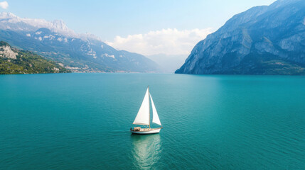 Naklejka premium Serene sailboat journey on turquoise waters in majestic mountain landscape