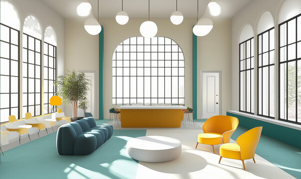 A bright and creative workspace with high ceilings, open layout, and inspiring modern design aesthetics