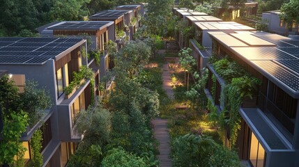 Fototapeta premium A sustainable green space with solar panels, rain gardens, and green roofs, representing eco-friendly urban development and nature preservation.