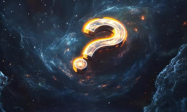 A surreal depiction of a luminous question mark in a celestial setting, representing deep thought, existential questions, and the search for meaning.