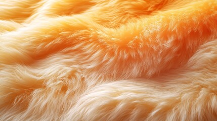 Plush fur close-up with an ombre effect from vivid tangerine to pale yellow, arranged in smooth flowing patterns, individual strands highlighted in fine detail, soft lighting creating a radiant glow,