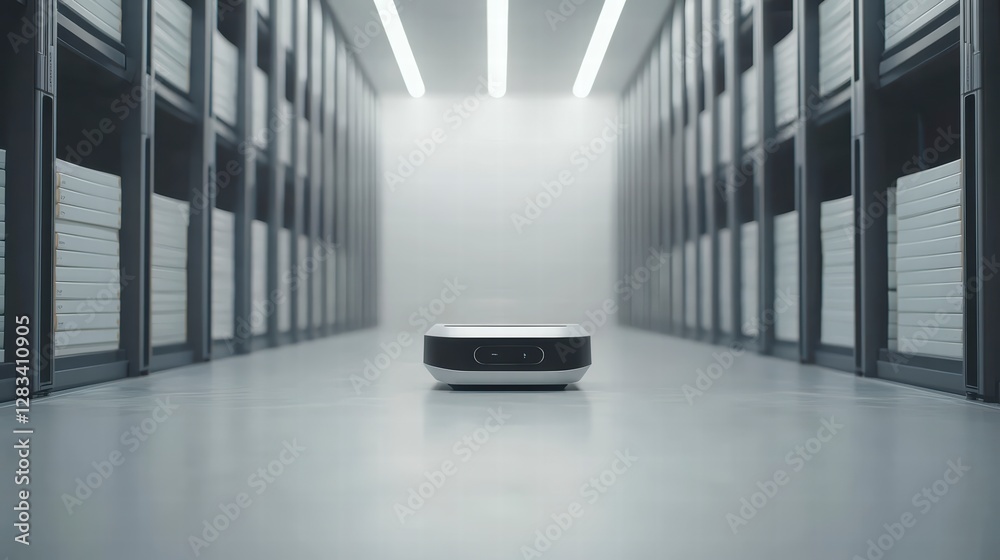 Poster server room precision: a futuristic server robot navigates through a data center, with rows of serve