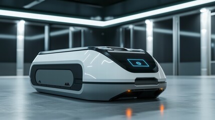 Obraz premium Autonomous Delivery Robot: A futuristic delivery robot glides effortlessly across a sleek, modern warehouse floor, showcasing advanced technology and innovation in logistics and automation.