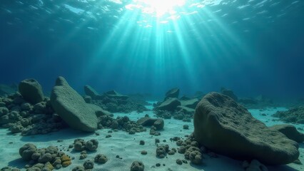 Fototapeta premium Underwater view of a coral reef affected by bleaching with damaged coral colonies on the ocean floor 