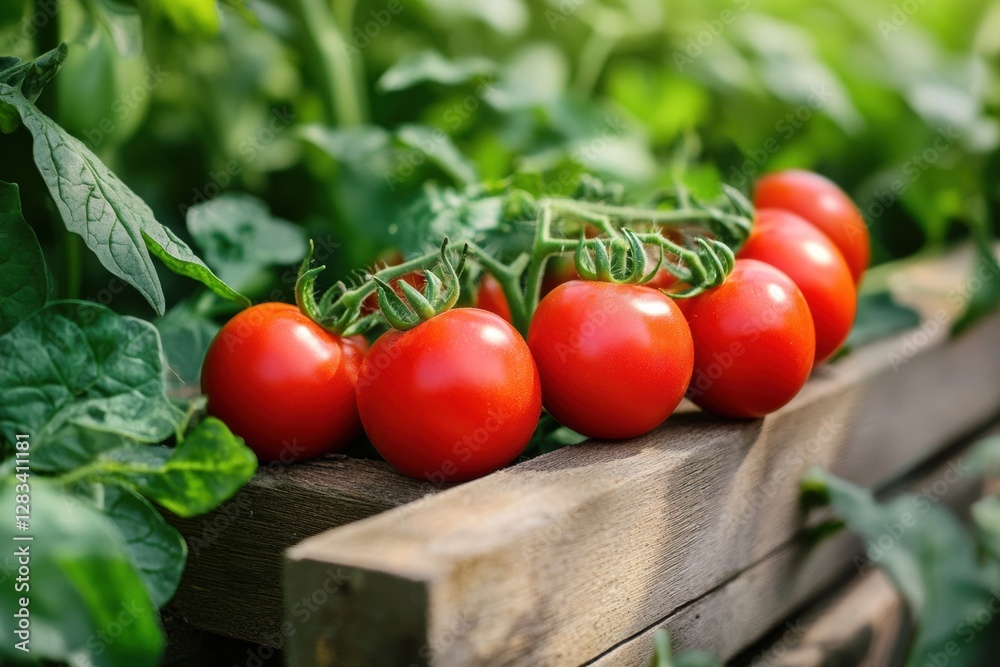 Poster ripe red tomatoes growing in a lush garden setting during daytime in summer. generative ai