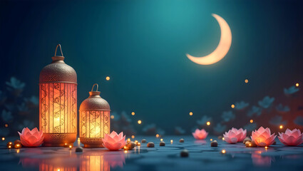 Obraz premium Divine Ramadan Evenings – Illuminated Lanterns, Crescent Moon, and Lotus Flowers in a Starry Night