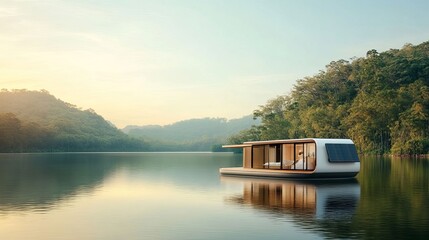 Fototapeta premium Modern Floating House on Tranquil Water Surrounded by Nature