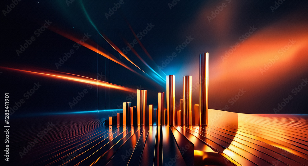 Poster Golden bars in a row shine against a dark backdrop with streaks of orange and blue light, creating an abstract and modern design.