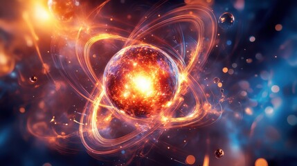 bright particles orbiting around a central sphere, creating the impression of an atom or celestial body.