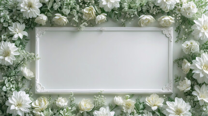 White Tray Surrounded by Soft Green and White Flowers Framed in Botanicals for a Minimalistic Elegant Display for Copyspace and Text Background