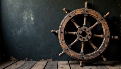 Fototapeta premium Distressed vintage wooden ship wheel in a moody monochrome setting, navy blue, rustic, sailing boat