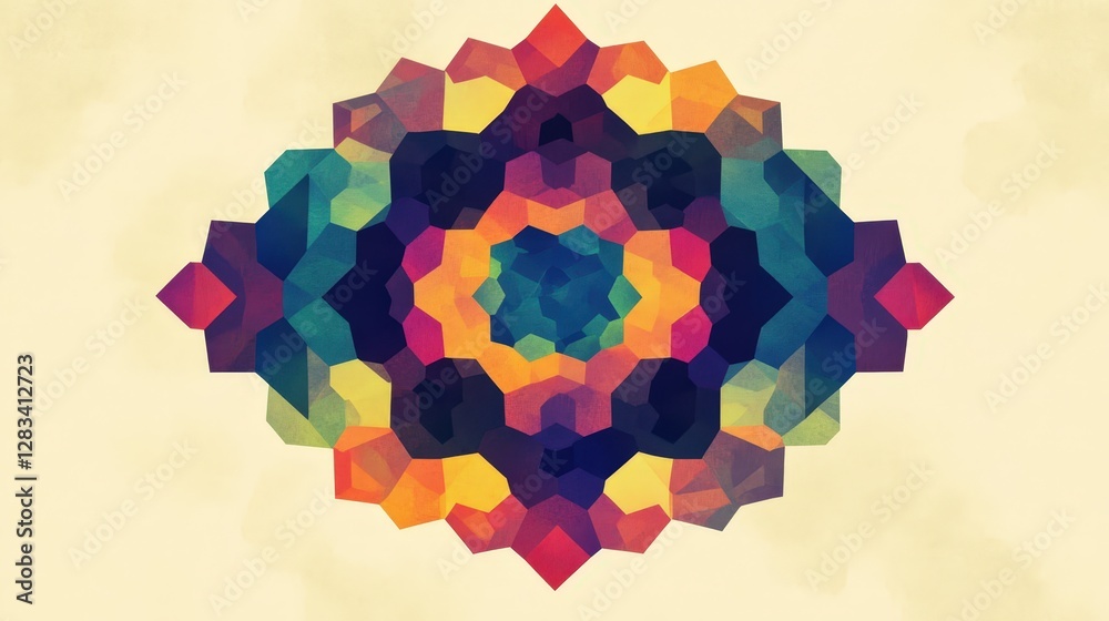 Poster a symmetrical pattern created from hexagons, each with a different color, blending together to form 
