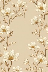 Elegant Floral Design with Delicate Blooms and Branches on a Soft Beige Background