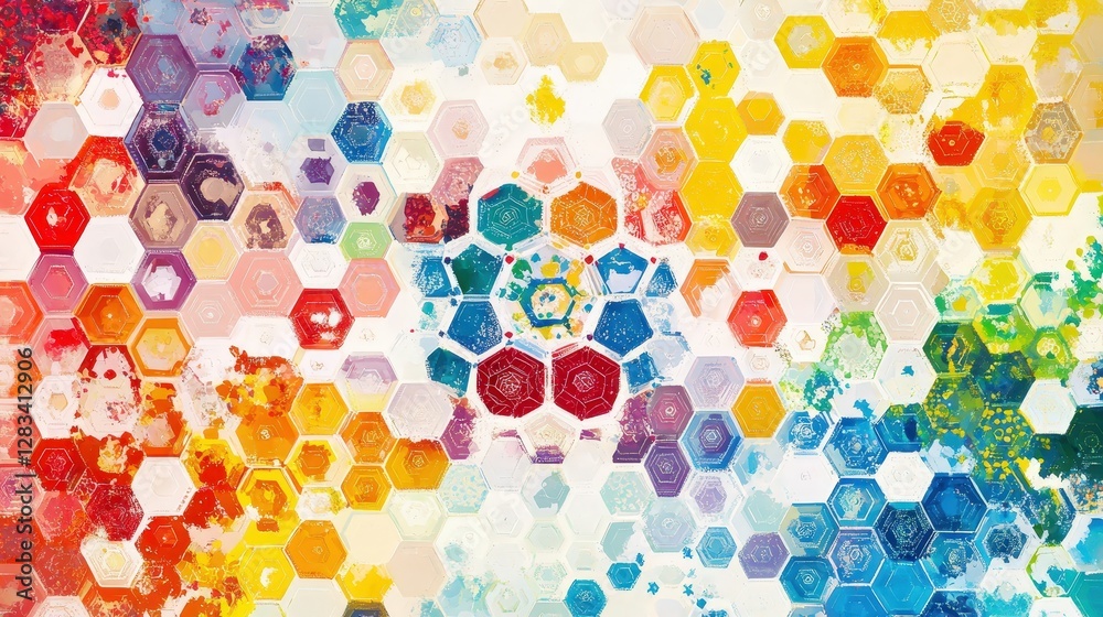 Poster a symmetrical pattern created from hexagons, each with a different color, blending together to form 