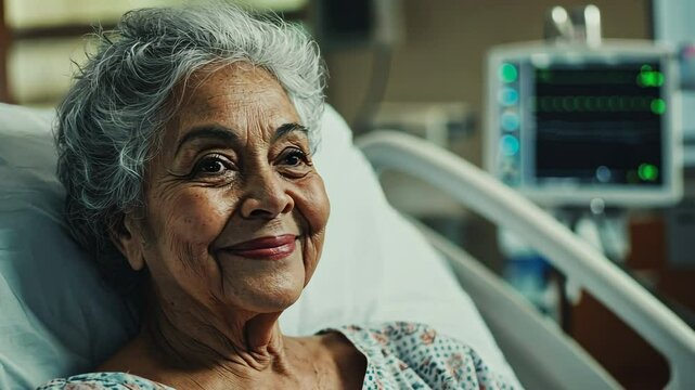 Portrait of a smiling senior Hispanic woman in a hospital bed, generative AI