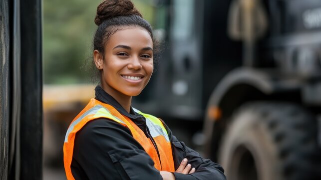 Construction worker woman smiling in safety gear outdoor, industrial site background, confident young professional, teamwork, engineering, occupational safety.