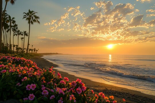 Colorful flowers bloom by the shore as the sun sets behind palm trees on a tranquil beach