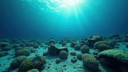 Fototapeta premium Underwater view of a coral reef affected by bleaching with damaged coral colonies on the ocean floor 