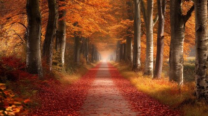 Serene autumn pathway lined with vibrant orange trees